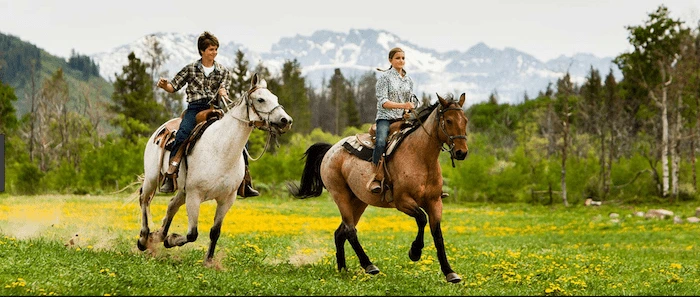 Confident plus-size woman riding Barr Common a horse through a field with a smile on her face.